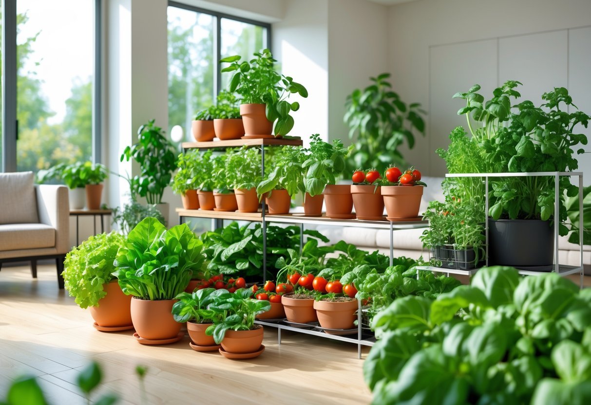 11+ Indoor Garden Ideas: Easy Ways to Transform Your US Home Year-Round 7 Indoor vegetable garden with various green plants and herbs growing in pots and planters inside a bright living room.