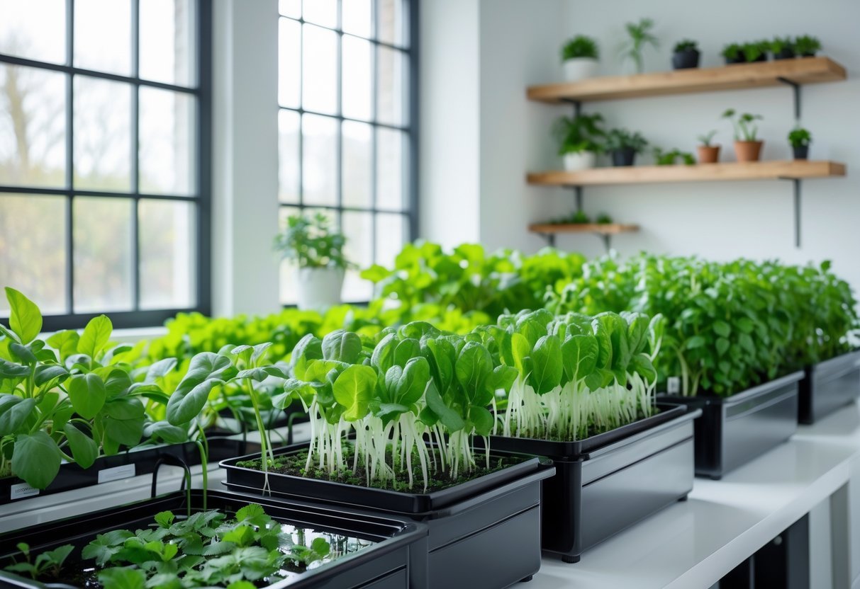 11+ Indoor Garden Ideas: Easy Ways to Transform Your US Home Year-Round 8 Indoor hydroponic garden with green leafy plants growing in water-filled containers in a bright room with large windows.