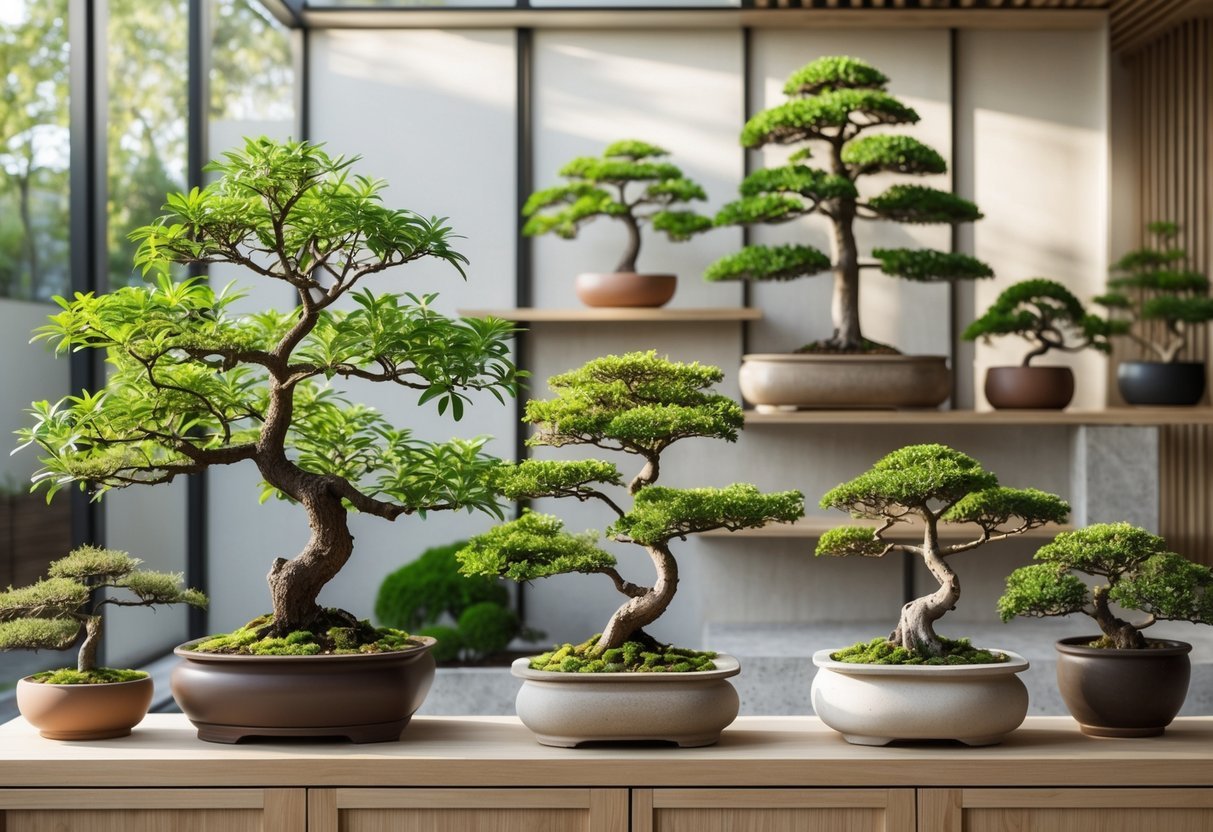 11+ Indoor Garden Ideas: Easy Ways to Transform Your US Home Year-Round 9 An indoor garden with several bonsai trees displayed on wooden shelves near large windows in a modern living space.