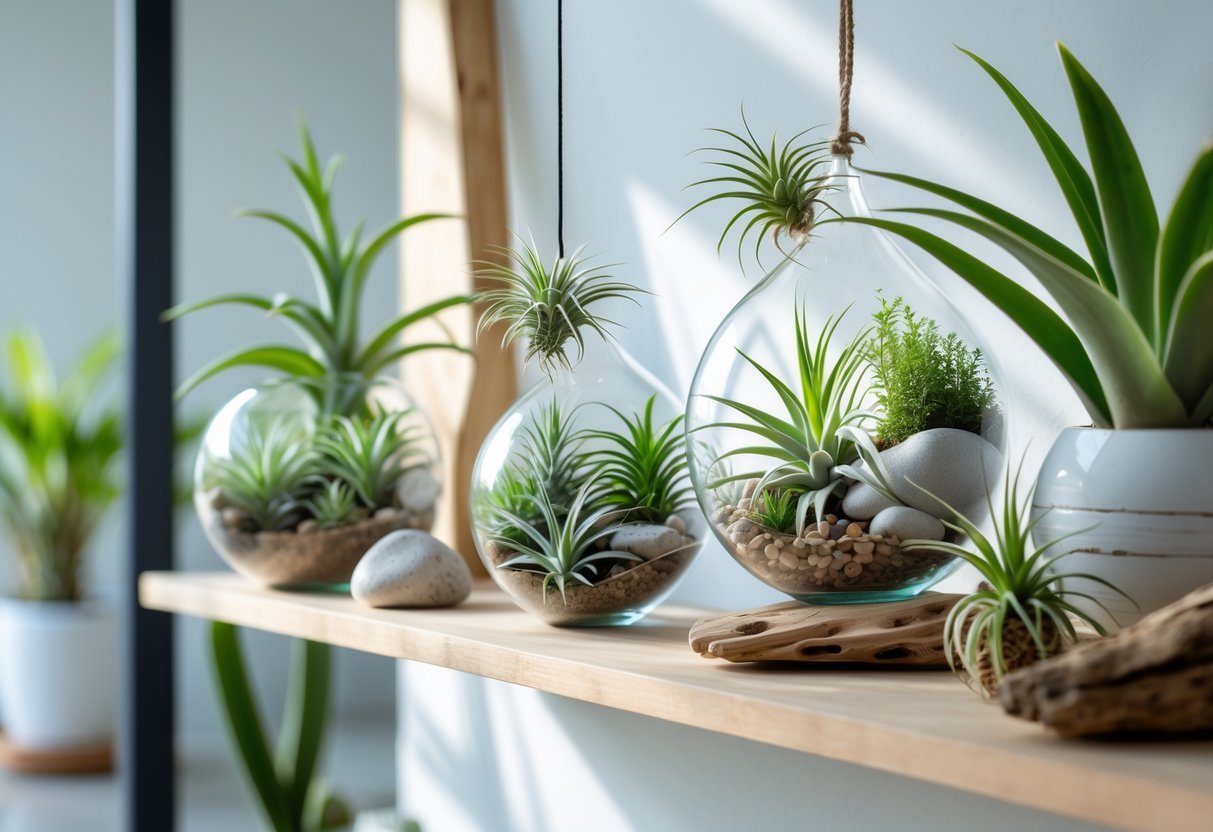 11+ Indoor Garden Ideas: Easy Ways to Transform Your US Home Year-Round 10 Indoor garden display with various air plants arranged on wooden shelves and glass terrariums in a bright room.