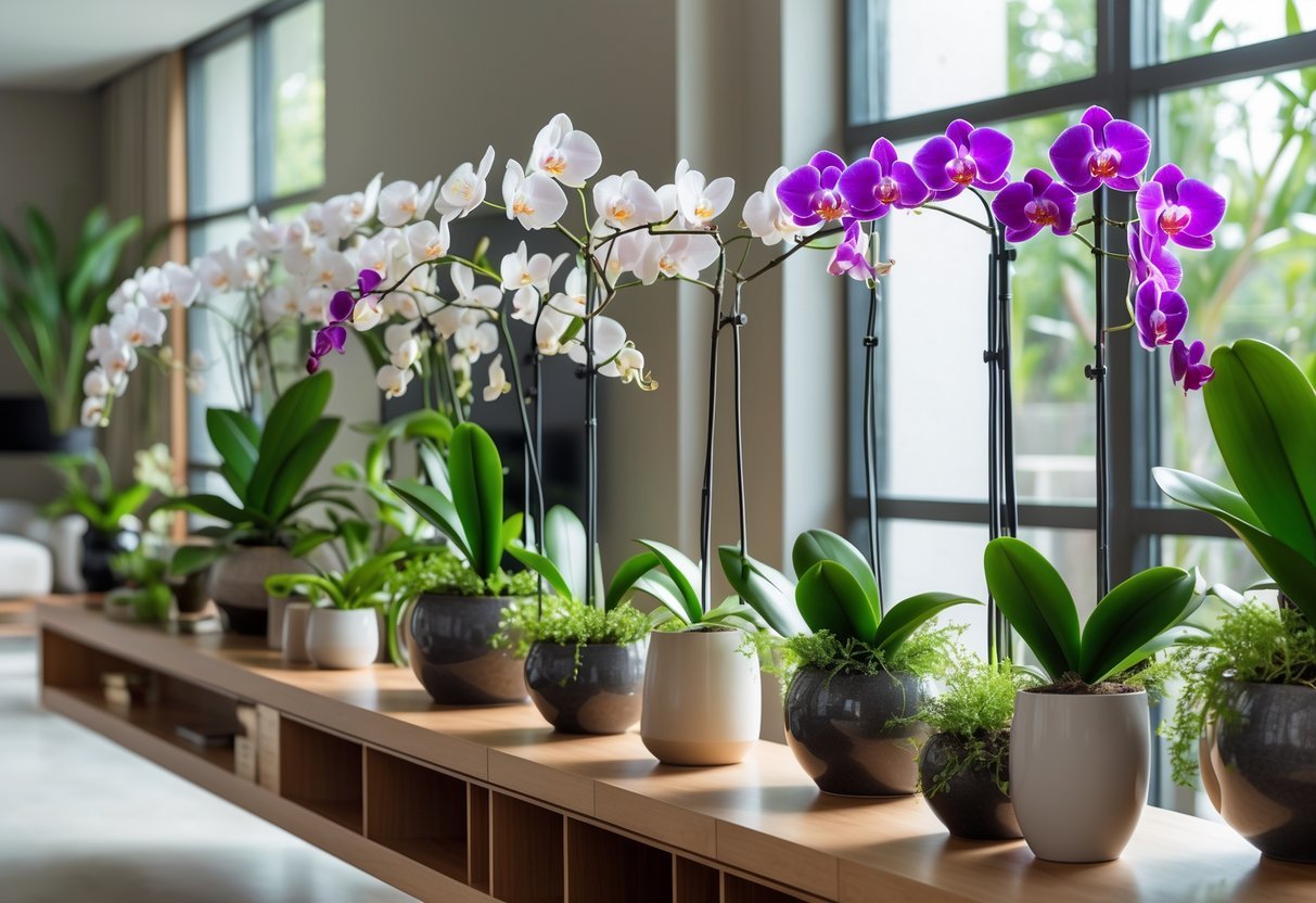 11+ Indoor Garden Ideas: Easy Ways to Transform Your US Home Year-Round 11 Indoor garden with several blooming orchids arranged on shelves and pots in a bright room.