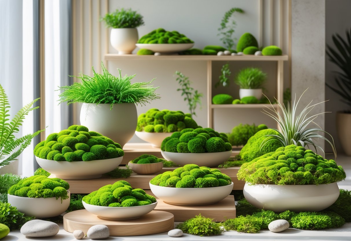 11+ Indoor Garden Ideas: Easy Ways to Transform Your US Home Year-Round 12 Indoor moss garden with various green mosses in pots and trays displayed on wooden shelves in a bright living space.