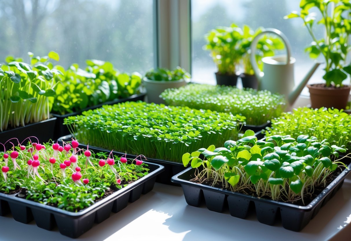 21+ Garden Ideas for Growing Microgreens: Easy Techniques for Thriving Indoor and Outdoor Gardens 3 A windowsill with several trays of green microgreens growing in natural sunlight, with gardening tools and potted herbs nearby.