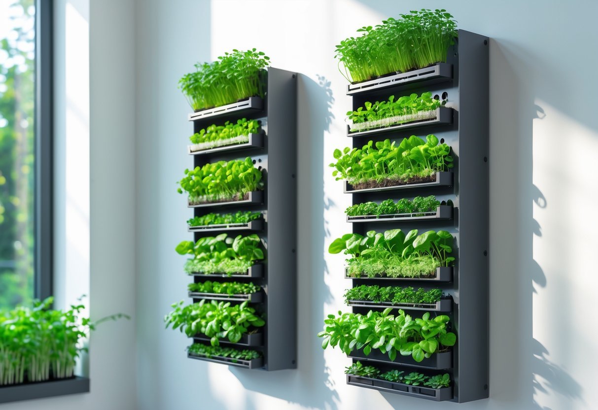 21+ Garden Ideas for Growing Microgreens: Easy Techniques for Thriving Indoor and Outdoor Gardens 4 Two vertical wall planters mounted indoors, each filled with fresh green microgreens growing in small compartments.