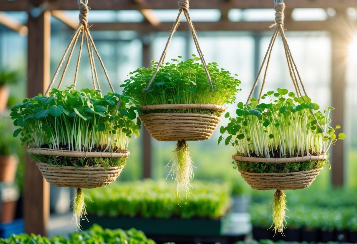 21+ Garden Ideas for Growing Microgreens: Easy Techniques for Thriving Indoor and Outdoor Gardens 5 Three hanging baskets filled with green microgreens growing indoors in a bright garden setting.