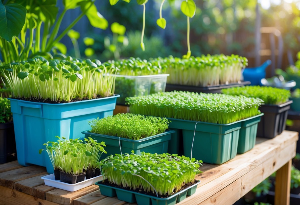 21+ Garden Ideas for Growing Microgreens: Easy Techniques for Thriving Indoor and Outdoor Gardens 6 Various recycled plastic containers used as planters growing fresh green microgreens on a wooden table in a garden setting.