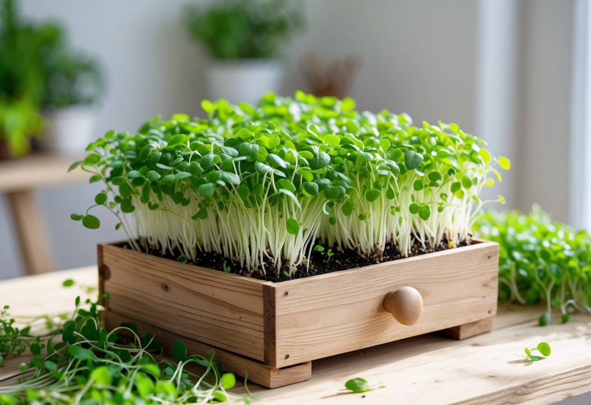 21+ Garden Ideas for Growing Microgreens: Easy Techniques for Thriving Indoor and Outdoor Gardens 7 A wooden drawer filled with soil and growing fresh green microgreens indoors.