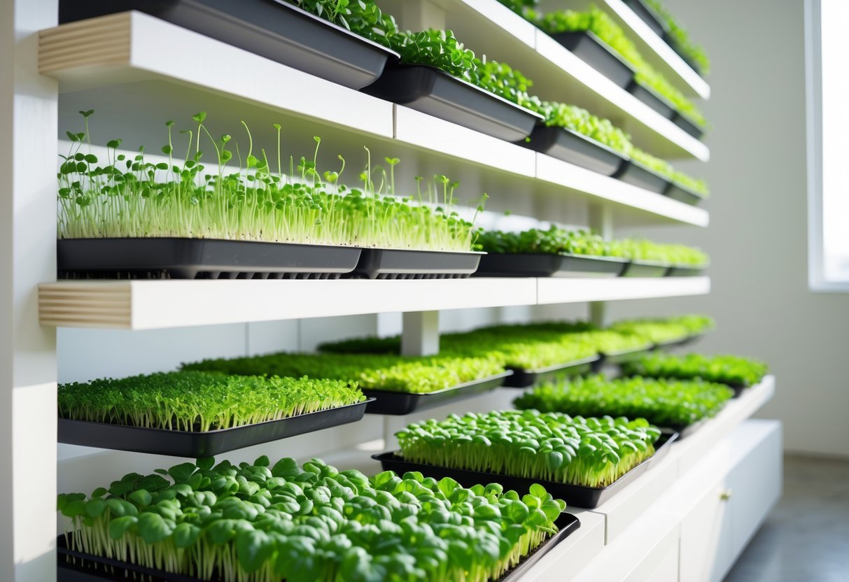 21+ Garden Ideas for Growing Microgreens: Easy Techniques for Thriving Indoor and Outdoor Gardens 8 A tiered shelf system with several trays of green microgreens growing indoors under natural light.