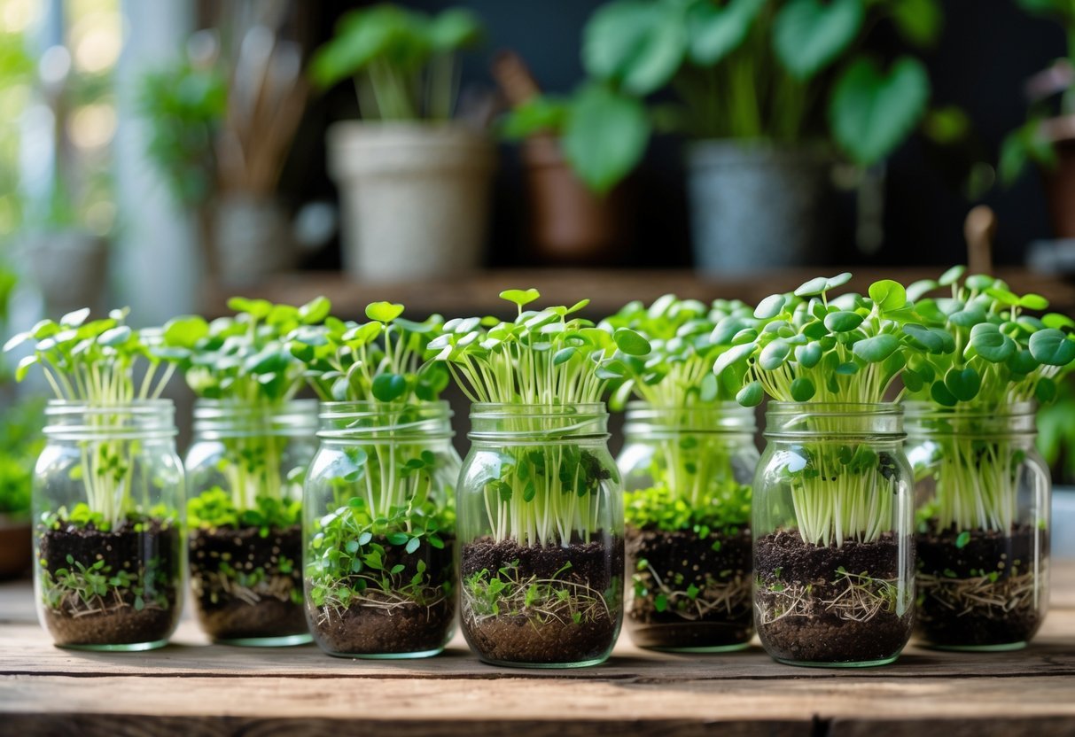 21+ Garden Ideas for Growing Microgreens: Easy Techniques for Thriving Indoor and Outdoor Gardens 9 Seven mason jars filled with soil and fresh green microgreens growing on a wooden table in a bright indoor garden setting.