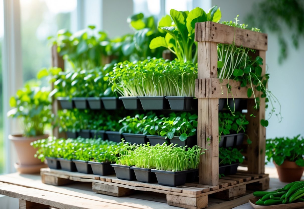 21+ Garden Ideas for Growing Microgreens: Easy Techniques for Thriving Indoor and Outdoor Gardens 10 A wooden pallet garden frame filled with trays of green microgreens growing indoors with sunlight.