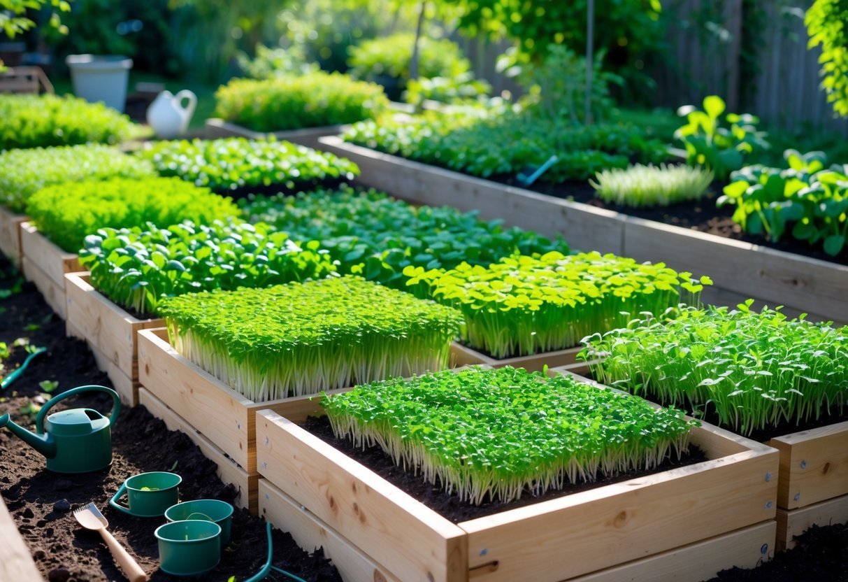 21+ Garden Ideas for Growing Microgreens: Easy Techniques for Thriving Indoor and Outdoor Gardens 11 Raised wooden garden beds filled with healthy green microgreens growing outdoors in a sunny garden setting.