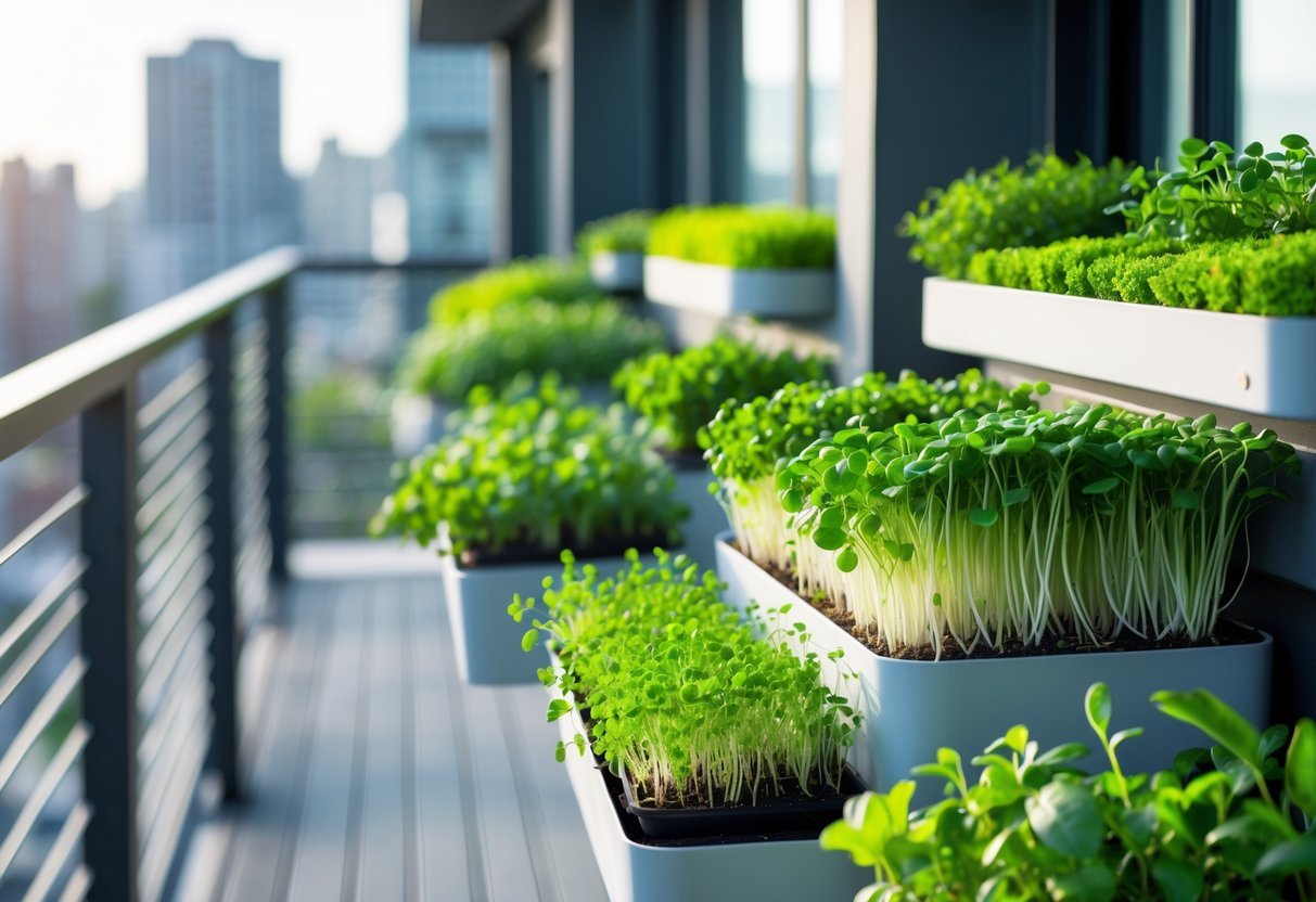21+ Garden Ideas for Growing Microgreens: Easy Techniques for Thriving Indoor and Outdoor Gardens 12 A balcony with several planters attached to the railing, filled with fresh green microgreens growing in bright natural light.