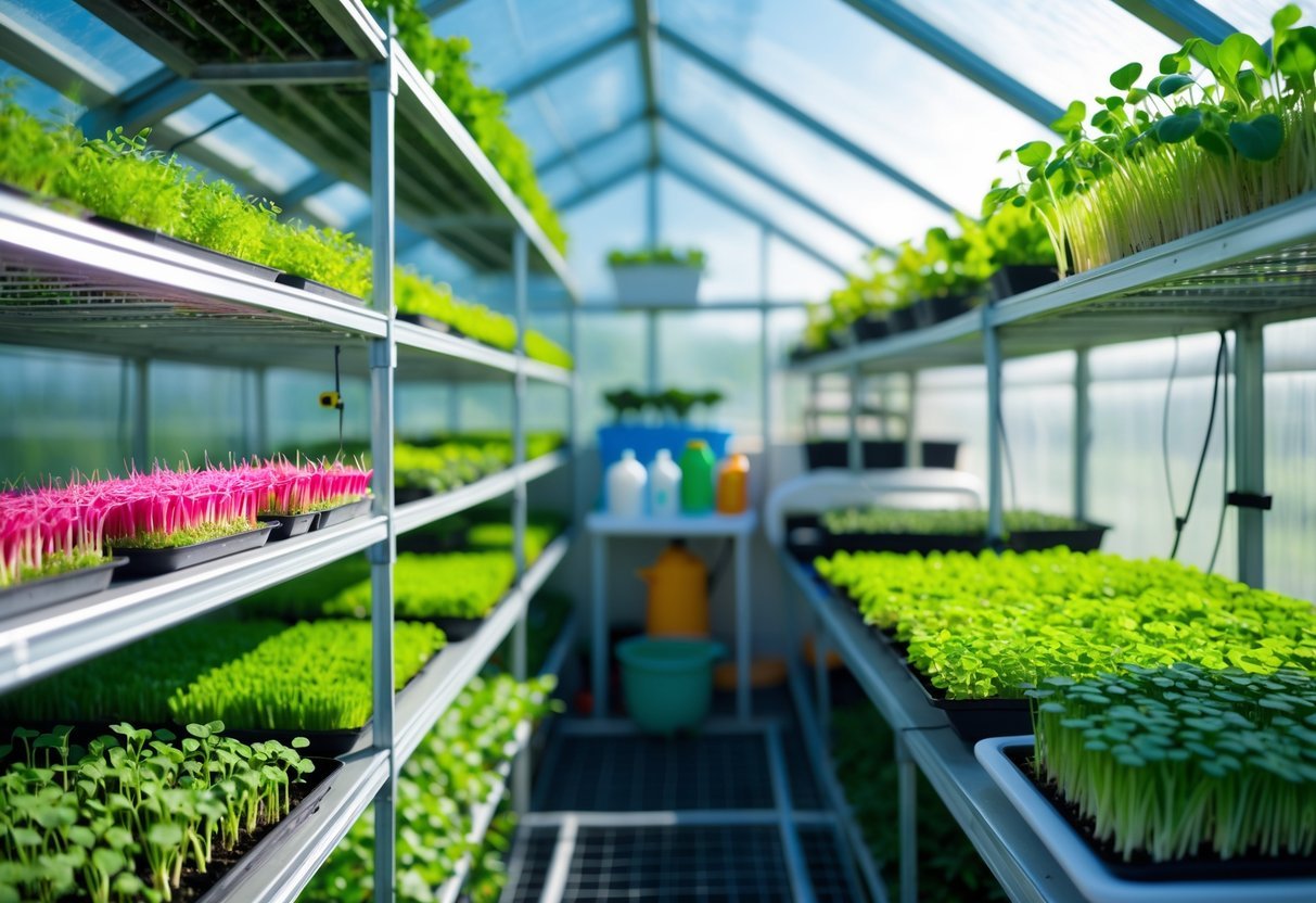 21+ Garden Ideas for Growing Microgreens: Easy Techniques for Thriving Indoor and Outdoor Gardens 13 Indoor greenhouse with shelves filled with trays of growing green microgreens under natural light.