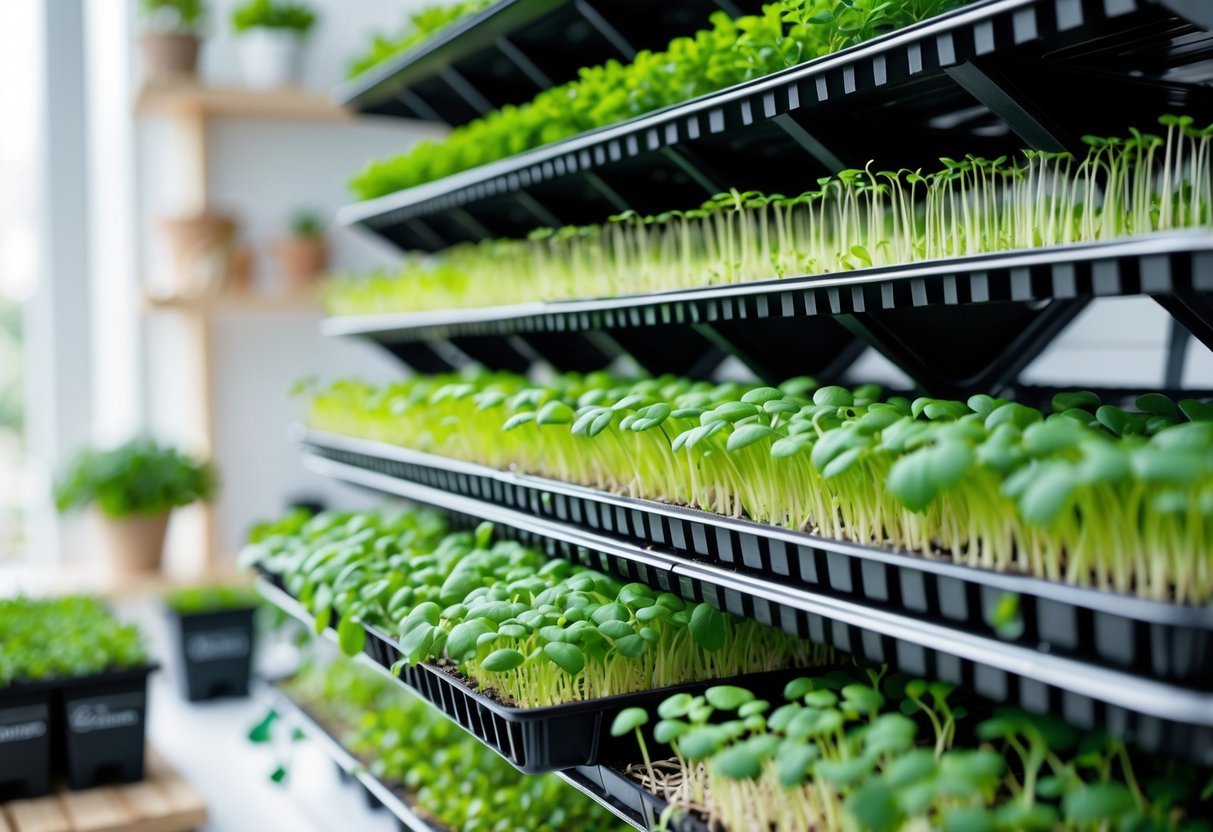 21+ Garden Ideas for Growing Microgreens: Easy Techniques for Thriving Indoor and Outdoor Gardens 14 A vertical stack of 12 trays growing fresh green microgreens indoors in a bright and clean space.