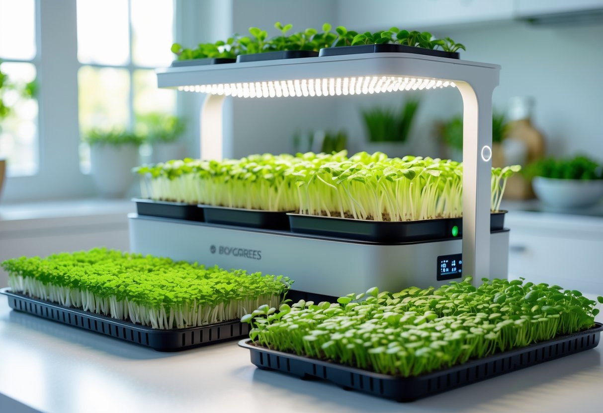 21+ Garden Ideas for Growing Microgreens: Easy Techniques for Thriving Indoor and Outdoor Gardens 15 A hydroponic grow kit with trays of green microgreens growing indoors under LED lights in a bright kitchen setting.