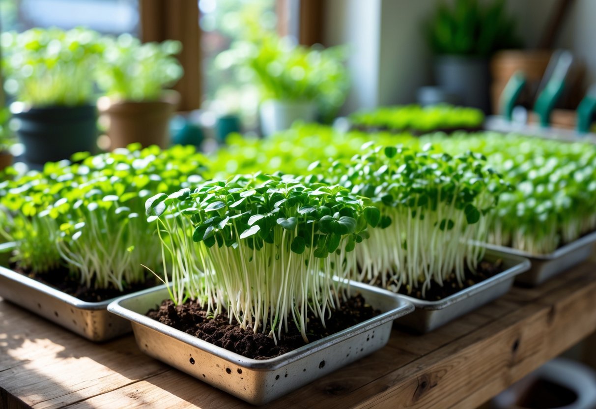 21+ Garden Ideas for Growing Microgreens: Easy Techniques for Thriving Indoor and Outdoor Gardens 16 Repurposed metal baking trays filled with green microgreens arranged on a wooden surface in a bright indoor garden setting.