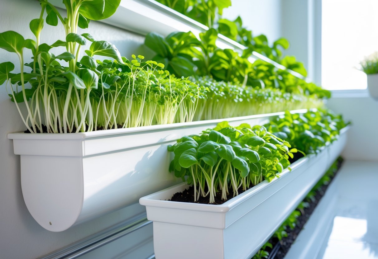 21+ Garden Ideas for Growing Microgreens: Easy Techniques for Thriving Indoor and Outdoor Gardens 17 A vertical garden with white gutters mounted on a wall, filled with healthy green microgreens growing indoors.