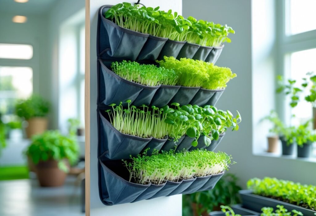 An old shoe organizer hanging on a wall, filled with growing green microgreens in each compartment.