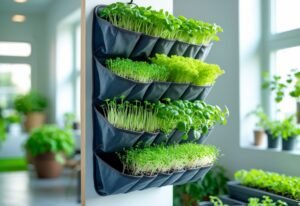 An old shoe organizer hanging on a wall, filled with growing green microgreens in each compartment.