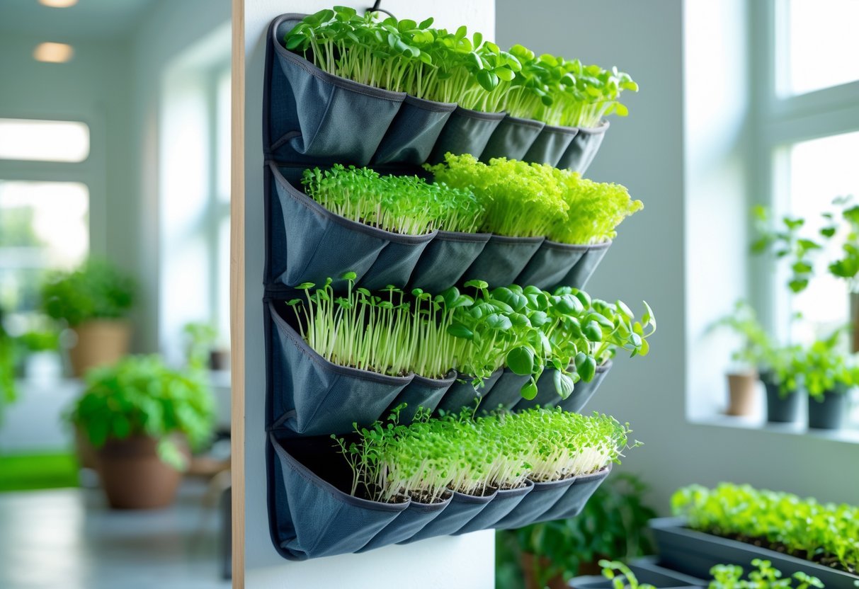 21+ Garden Ideas for Growing Microgreens: Easy Techniques for Thriving Indoor and Outdoor Gardens 18 An old shoe organizer hanging on a wall, filled with growing green microgreens in each compartment.