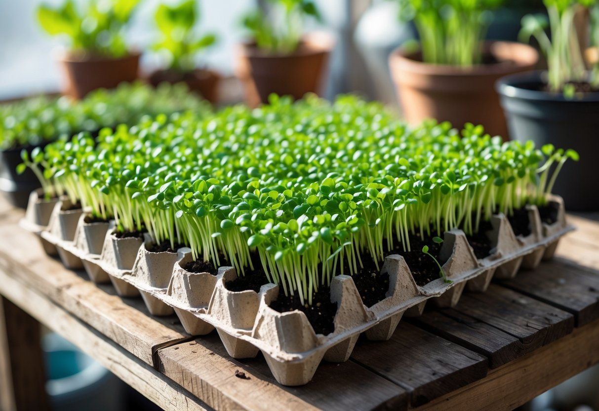 21+ Garden Ideas for Growing Microgreens: Easy Techniques for Thriving Indoor and Outdoor Gardens 19 Egg carton starter trays filled with soil and growing green microgreens on a wooden table with gardening tools in the background.