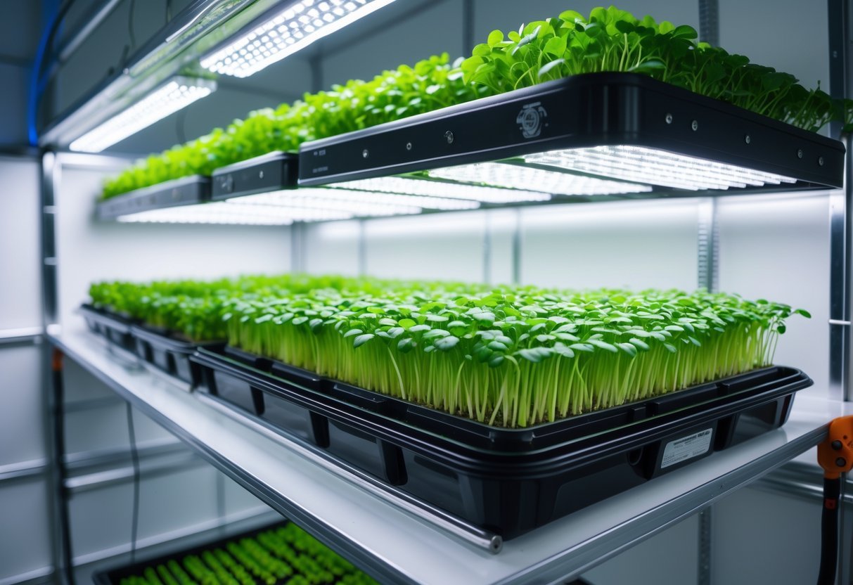 21+ Garden Ideas for Growing Microgreens: Easy Techniques for Thriving Indoor and Outdoor Gardens 20 Indoor grow tent with LED lights illuminating trays of green microgreens growing on shelves.