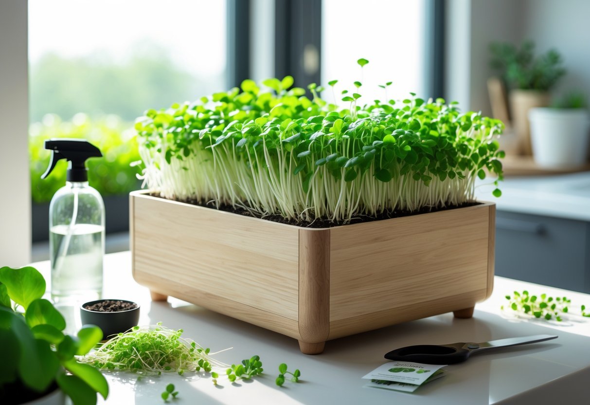 21+ Garden Ideas for Growing Microgreens: Easy Techniques for Thriving Indoor and Outdoor Gardens 21 A wooden tabletop planter box filled with green microgreens on a kitchen counter near a sunlit window, with small gardening tools nearby.