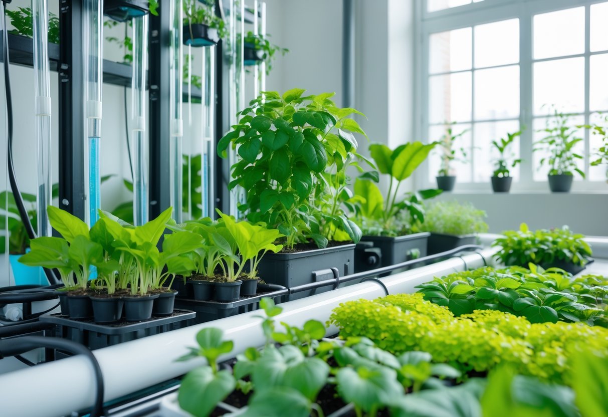 15+ Soil Free Gardening Ideas: Proven Methods for Effortless Urban Green Spaces 2 Indoor hydroponic and aeroponic plants growing in soil-free systems with green leafy vegetables and clear water tubes in a bright room.