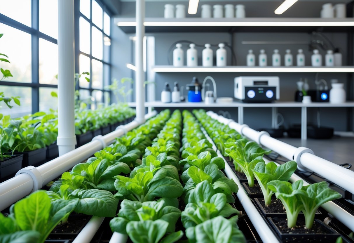 15+ Soil Free Gardening Ideas: Proven Methods for Effortless Urban Green Spaces 3 Indoor hydroponic garden with rows of green leafy plants growing in a soil-free system under natural light.
