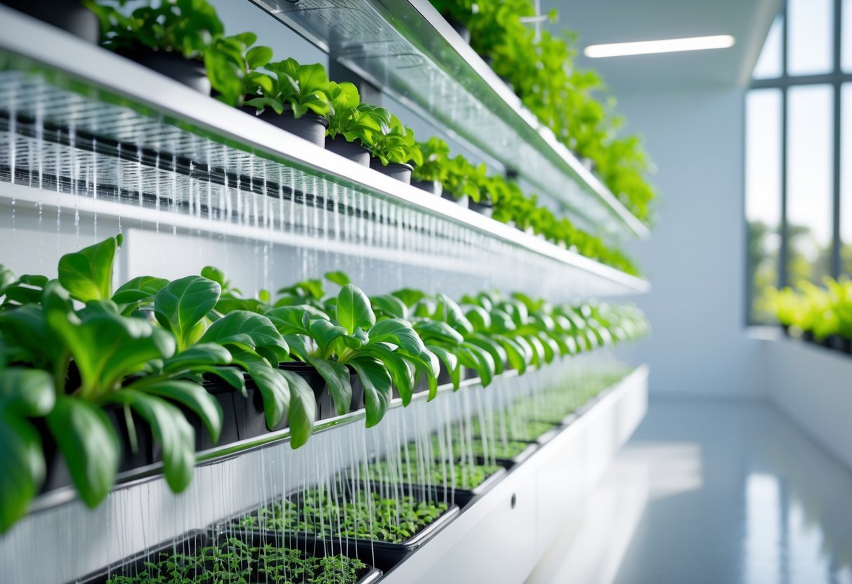 15+ Soil Free Gardening Ideas: Proven Methods for Effortless Urban Green Spaces 4 Indoor aeroponics system with green plants suspended and roots misted with nutrient-rich water in a bright room.