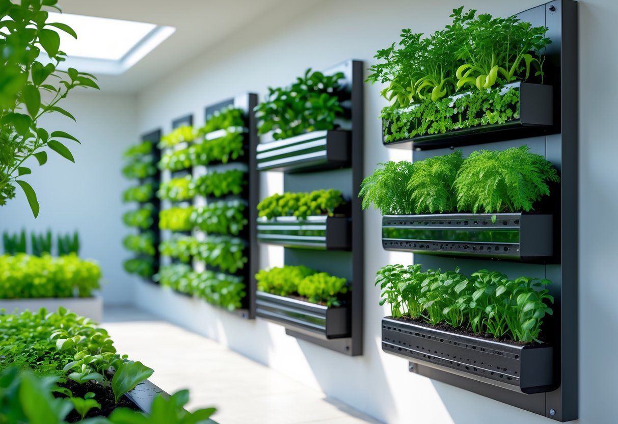 15+ Soil Free Gardening Ideas: Proven Methods for Effortless Urban Green Spaces 6 A vertical garden with various green plants growing without soil on wall-mounted panels in a bright, clean space.