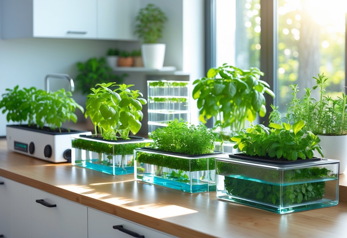 15+ Soil Free Gardening Ideas: Proven Methods for Effortless Urban Green Spaces 7 Indoor scene with various soil-free herb gardens growing fresh green herbs on a countertop near a window.