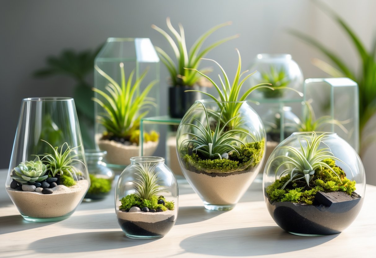 15+ Soil Free Gardening Ideas: Proven Methods for Effortless Urban Green Spaces 8 Several glass terrariums containing soil-free plants like air plants and succulents arranged on a wooden surface.