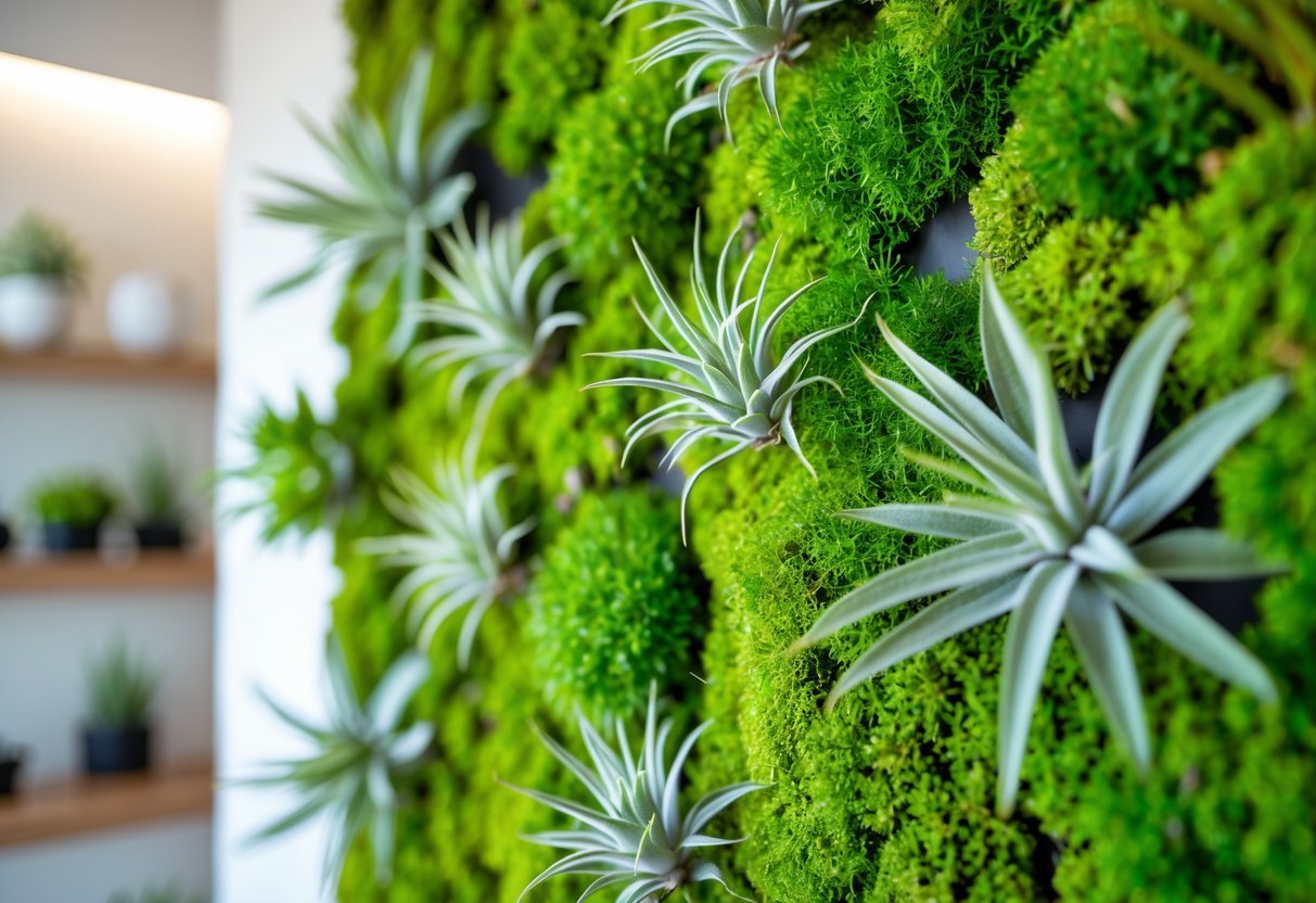 15+ Soil Free Gardening Ideas: Proven Methods for Effortless Urban Green Spaces 9 Indoor wall covered with green moss panels and small plants arranged for soil-free gardening.