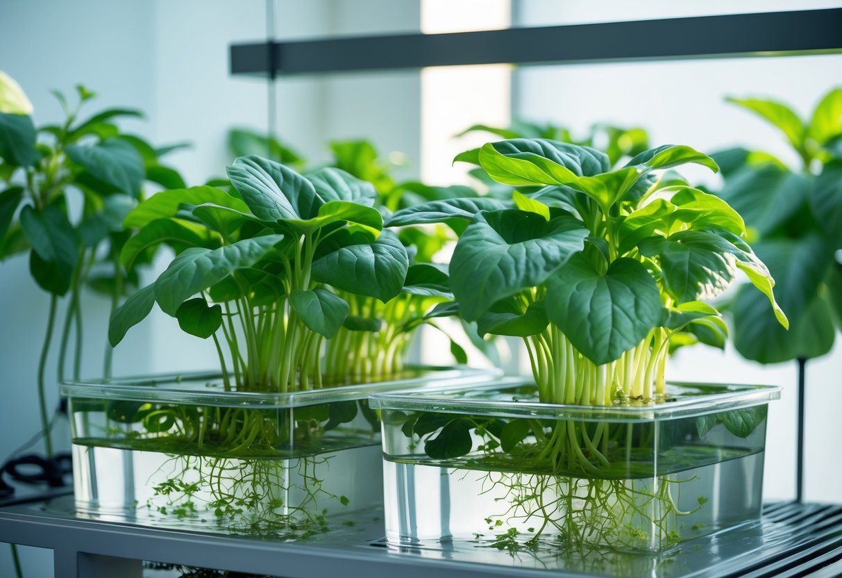 15+ Soil Free Gardening Ideas: Proven Methods for Effortless Urban Green Spaces 10 Indoor hydroponic setup with green plants growing roots suspended in water without soil.