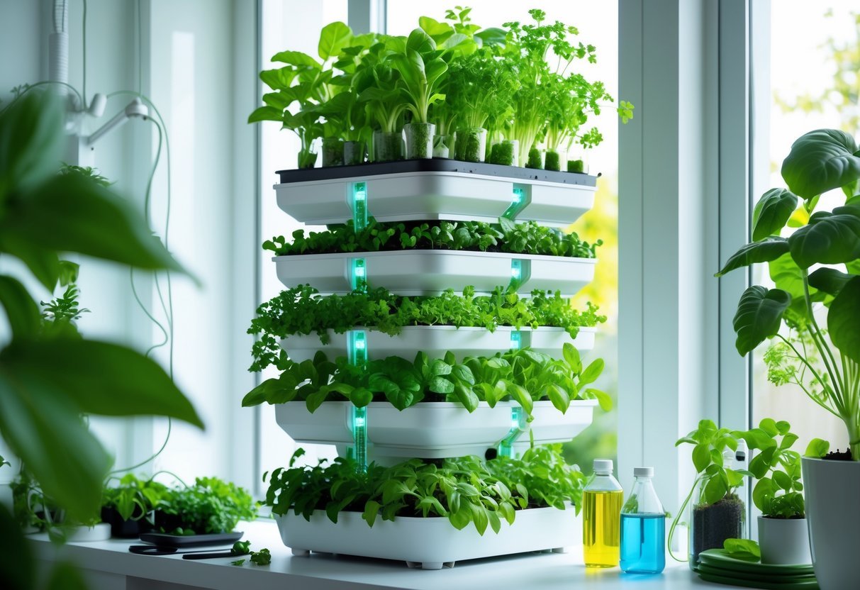 15+ Soil Free Gardening Ideas: Proven Methods for Effortless Urban Green Spaces 11 A vertical tower garden with multiple layers of green plants growing indoors using soil-free gardening methods.