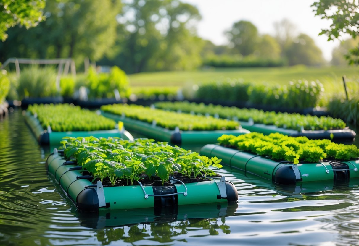15+ Soil Free Gardening Ideas: Proven Methods for Effortless Urban Green Spaces 12 Floating rafts on calm water supporting lush green plants growing without soil in an outdoor setting.