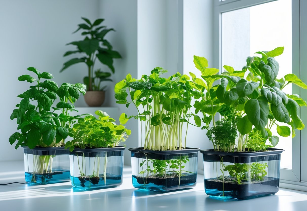 15+ Soil Free Gardening Ideas: Proven Methods for Effortless Urban Green Spaces 13 Indoor soil-free gardening setup with green plants growing in containers using wick systems to draw water from reservoirs.