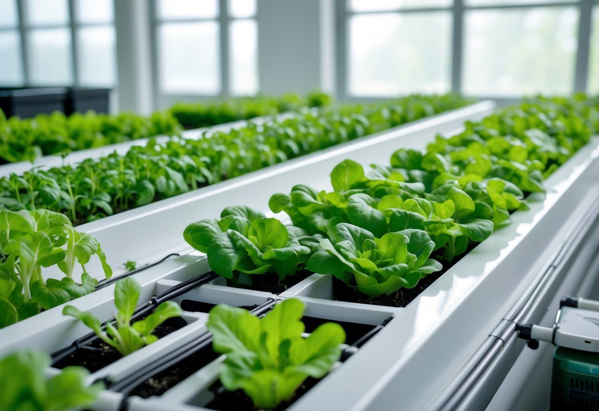 15+ Soil Free Gardening Ideas: Proven Methods for Effortless Urban Green Spaces 14 Indoor hydroponic garden with green leafy plants growing in white horizontal channels using nutrient film technique.