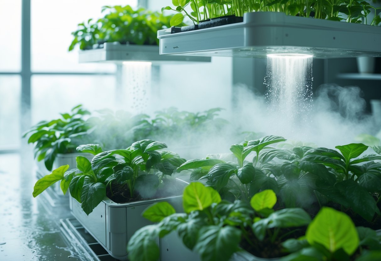 15+ Soil Free Gardening Ideas: Proven Methods for Effortless Urban Green Spaces 15 Indoor fogponics system with green plants growing in a misty environment without soil.