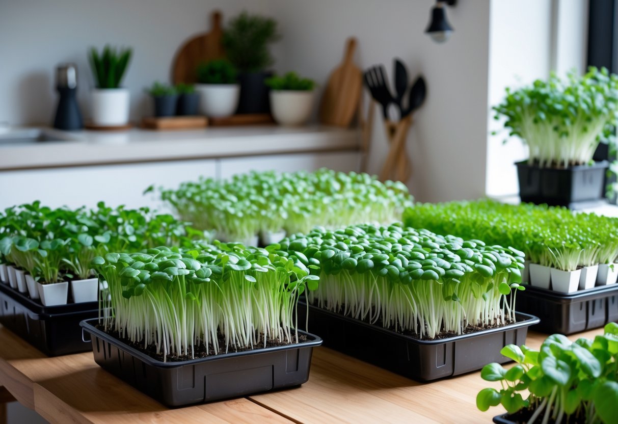 15+ Soil Free Gardening Ideas: Proven Methods for Effortless Urban Green Spaces 16 Several soil-free microgreen kits with vibrant green sprouts arranged on a wooden table in a bright indoor setting.