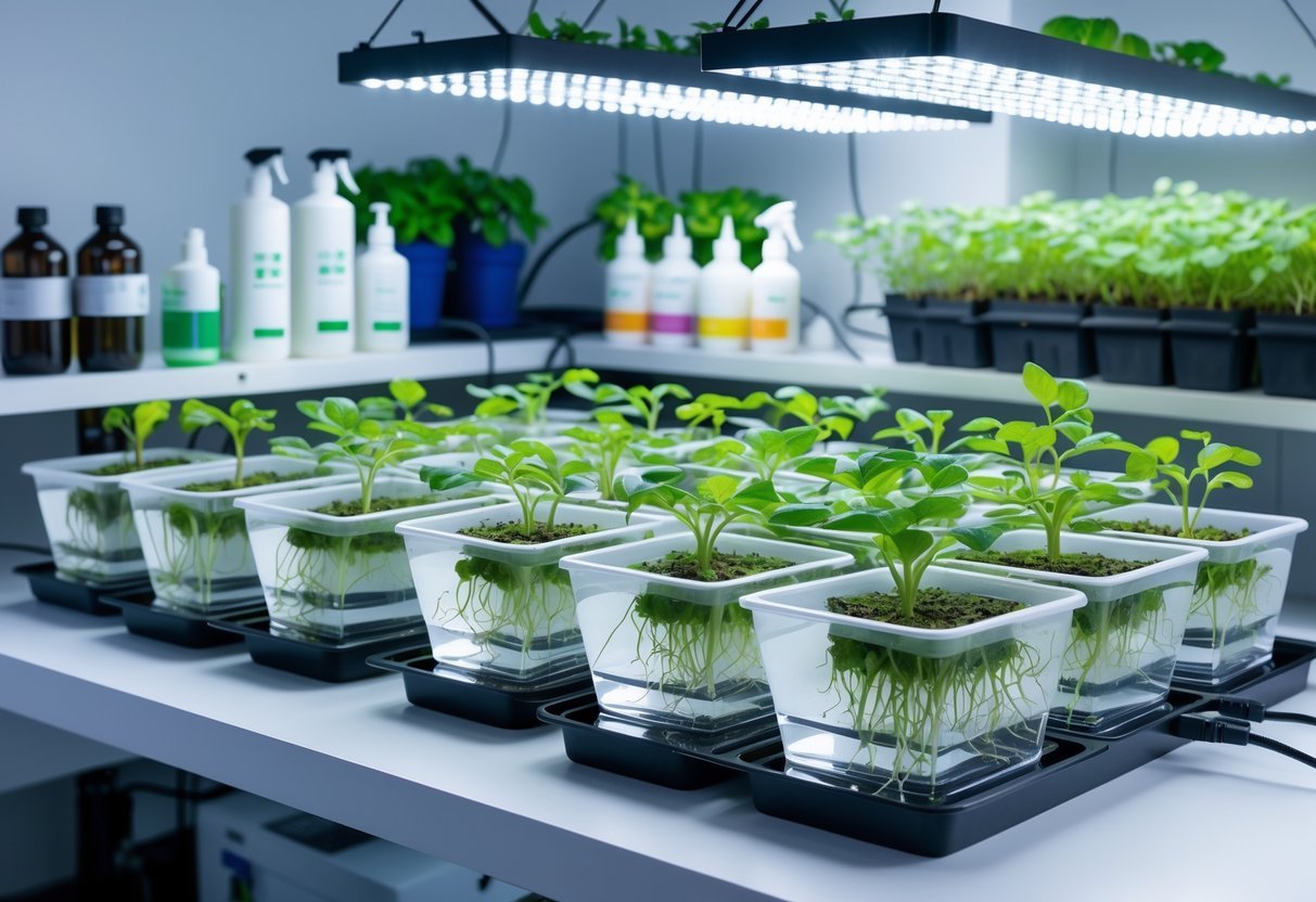 15+ Soil Free Gardening Ideas: Proven Methods for Effortless Urban Green Spaces 17 A plant cloning station with multiple trays holding green plant cuttings growing roots in water under LED grow lights indoors.
