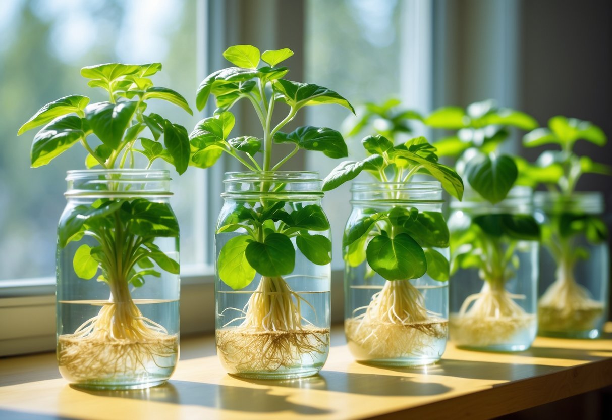 15+ Soil Free Gardening Ideas: Proven Methods for Effortless Urban Green Spaces 18 Several mason jars filled with water and green plants growing roots inside, arranged on a wooden surface near a sunlit window.