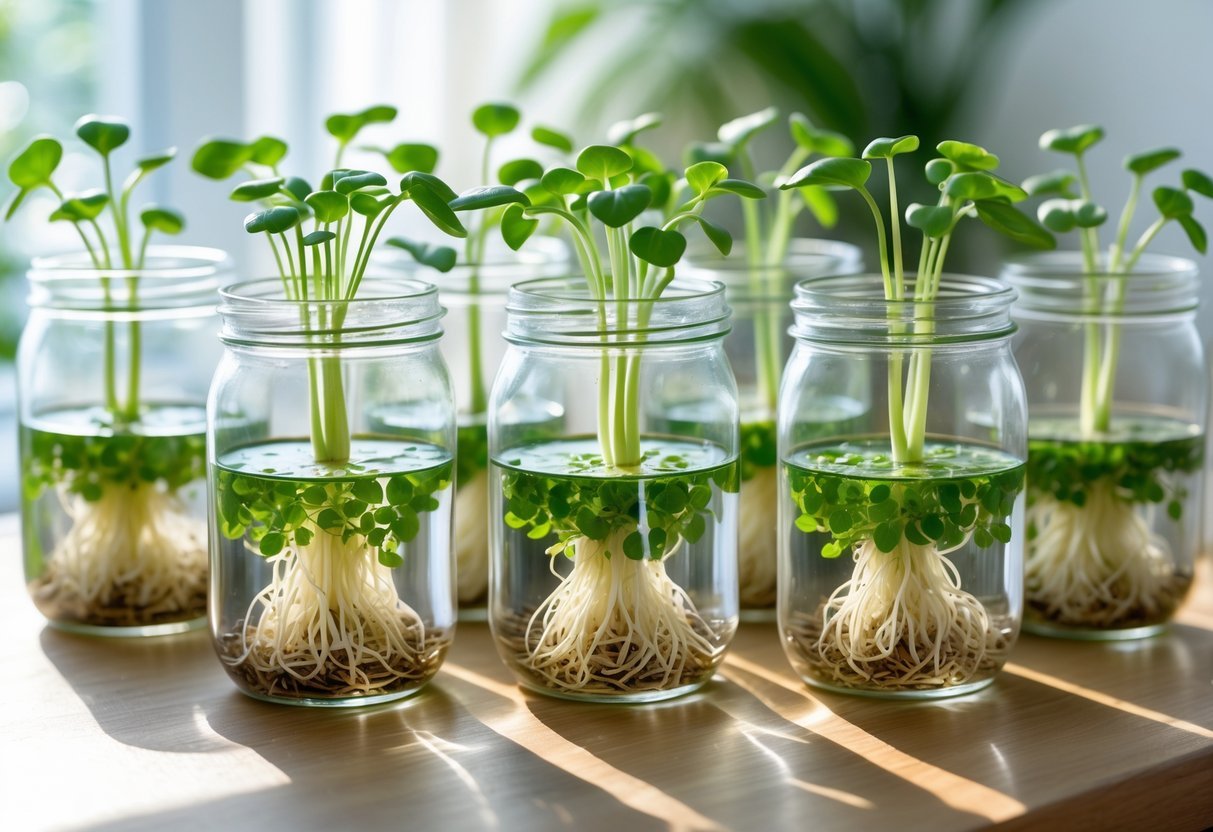 15+ Soil Free Gardening Ideas: Proven Methods for Effortless Urban Green Spaces 19 Several glass jars with green seed sprouts growing in water on a wooden surface indoors.