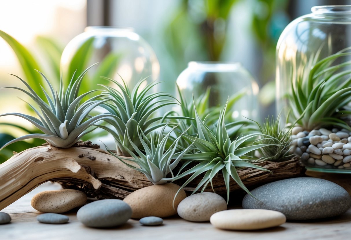15+ Soil Free Gardening Ideas: Proven Methods for Effortless Urban Green Spaces 20 Various air plants arranged on driftwood and stones in a soil-free gardening display with natural light.