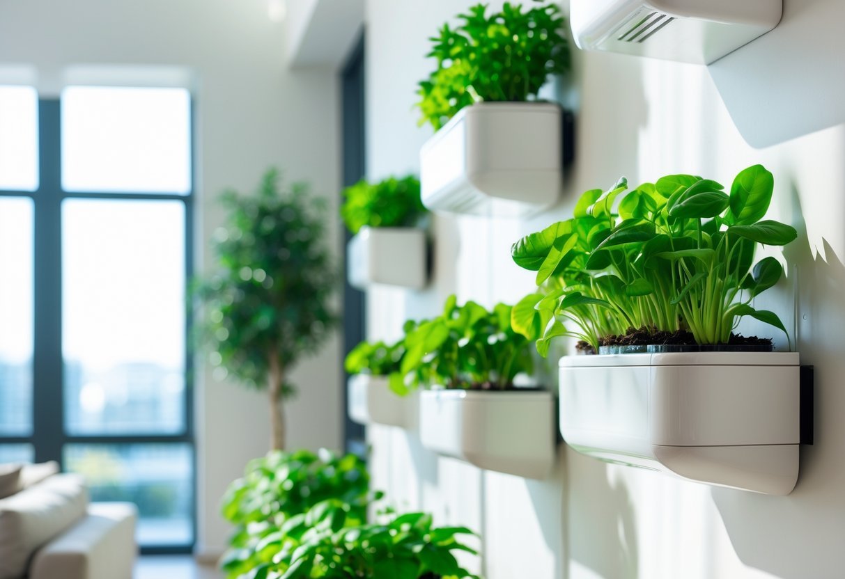 15+ Soil Free Gardening Ideas: Proven Methods for Effortless Urban Green Spaces 21 A bright interior wall with several wall-mounted planters containing green plants grown without soil.