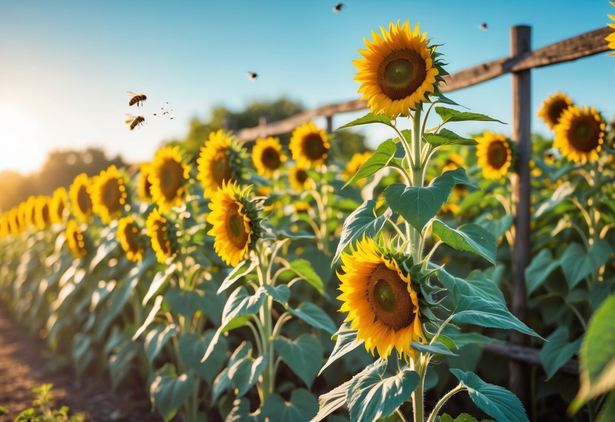 19+ Sunflower Garden Ideas: Stunning Designs to Brighten Your US Backyard 2 A large sunflower garden with rows of blooming sunflowers under a clear blue sky and a wooden fence in the background.