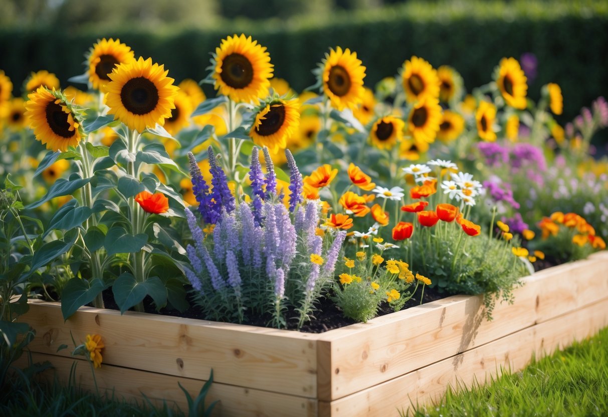 19+ Sunflower Garden Ideas: Stunning Designs to Brighten Your US Backyard 3 A raised wooden flower bed filled with tall sunflowers and various colorful flowers in a sunny garden.
