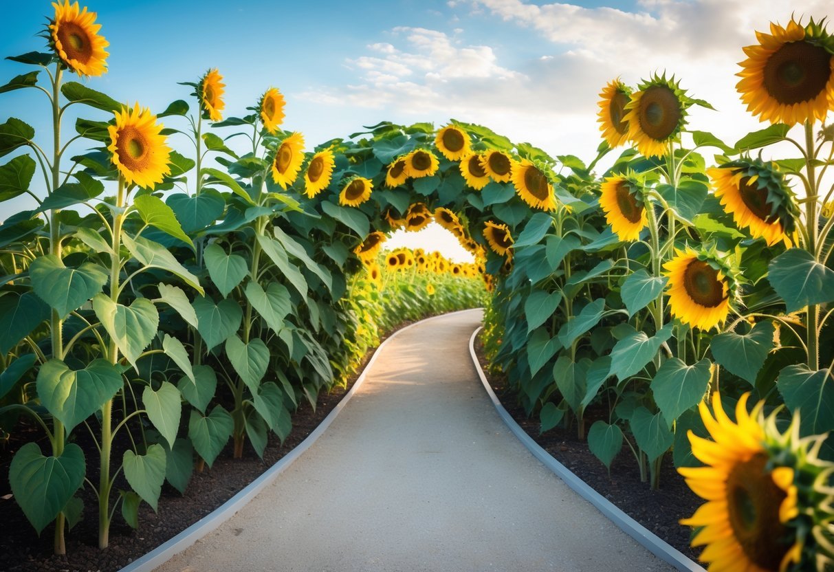 19+ Sunflower Garden Ideas: Stunning Designs to Brighten Your US Backyard 4 A pathway surrounded and covered by tall sunflowers forming a natural tunnel in a sunflower garden under a blue sky.