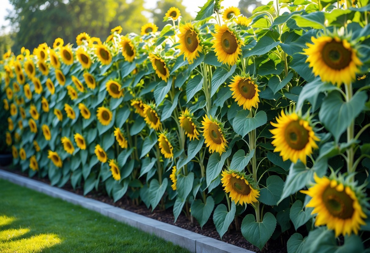 19+ Sunflower Garden Ideas: Stunning Designs to Brighten Your US Backyard 5 A tall, dense hedge of blooming sunflowers providing privacy in a sunny garden.